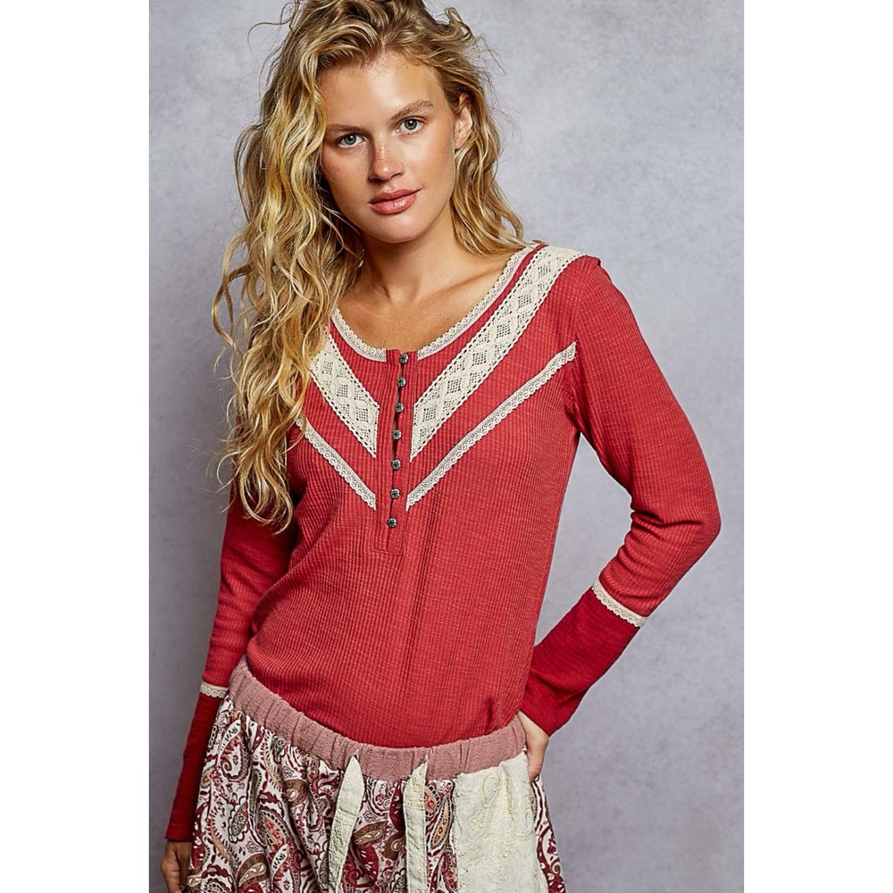 POL Red Ribbed V Neck Lace Trim Henley Top